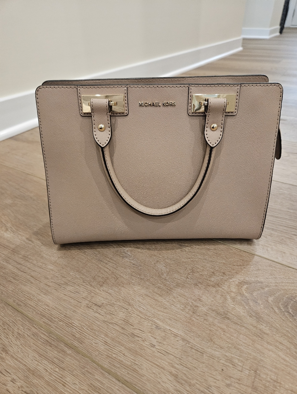 Michael Kors Beige-Taupe Leather Satchel with Gold Hardware